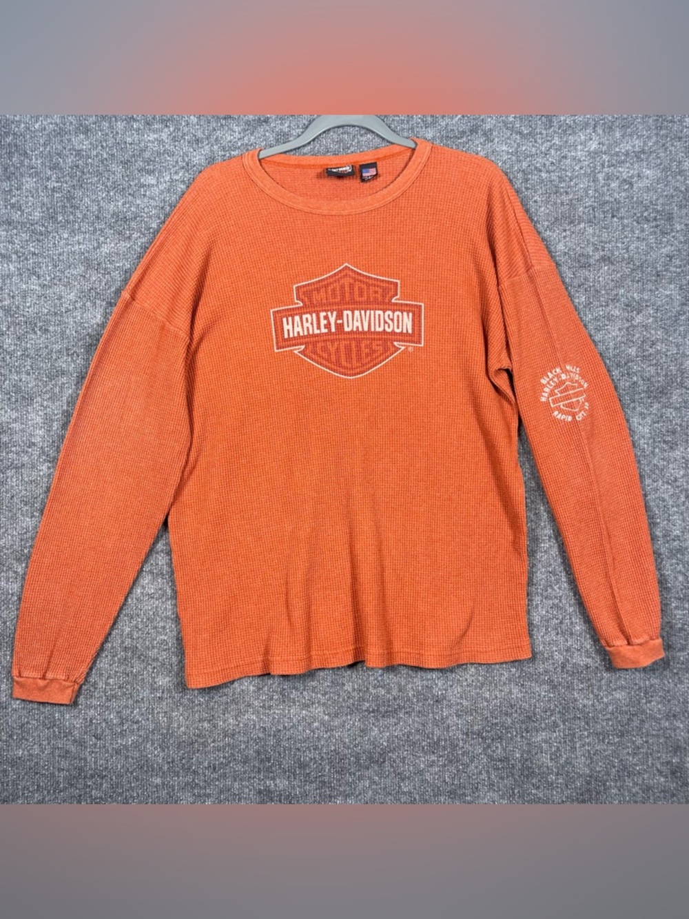 Harley Davidson Mens Large‎ Orange Waffle Knit Thermal Long Sleeve South Dakota